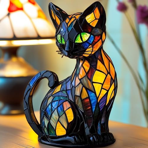 Katzen Lampe, Nachtlicht der Katzenserie, LED Katzen Tischlampe aus Gebeiztem Kunstharz, Niedliche Katzen Figuren Lampe mit Warmem Licht für Vintage Deko, Geschenk für Katzenliebhaber (C)