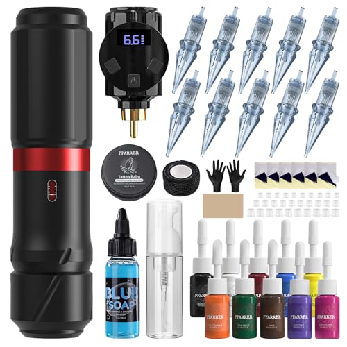 PFARRER Tattoo Maschine Set with 4 Modes 900mAh Akku LCD Digital 10Pcs Tattoo Cartridge 10 Tattoo Inks Kompletter Tattoo Pen Maschine Zubehör PRP83KIT-1