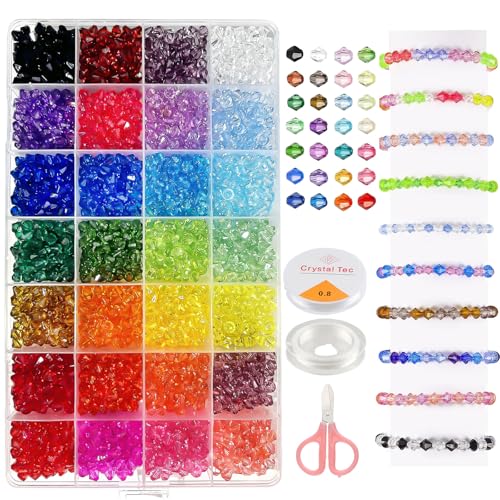 2800 Stück Kristall Perlen, 6mm Kristall Beads Doppelkegelperlen Facettierte Perlen Armband Perlen Set für Armbänder Ohrringe Halsketten DIY Basteln Schmuckherstellung mit Schere und Faden