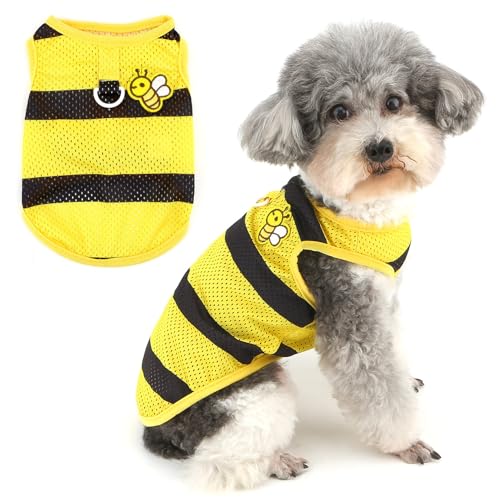 Zunea Gestreifte Hunde-Shirts für kleine Hunde, weiches, atmungsaktives Netzgewebe, Sommer-Welpenweste, T-Shirt mit Leinen-Ring und Bienenmuster, Pullover, Größe XS/S, Haustierkleidung, Tanktop