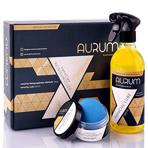 Aurum-Performance® Reinigungsknete mit Gleitmittel zur professionellen Autopflege - Entfernt mühelos Flugrost, Insektenreste, Lackablagerungen - nanoClay Set (Lackknete mild + Spezial Gleitspray)