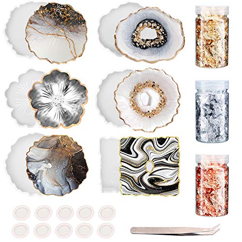 Silikonform Untersetzer, 20PC Epoxidharz Formen Set Silikonform Harz Großen Silikon Formen Epoxid Resin Mold Gießformen DIY Kunstharz Gieße Art Achat 3 Blattgold