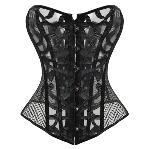 LOSSLO Vollbrust Corsage Damen - Tüll Korsett Schwarz Weiß Corset Body Shaper Sexy Palast Stil Renaissance Korsett Oberteil Elegant Bauchweg Piratenkostüm Korsage Taillenformer für Karneval Kostüm