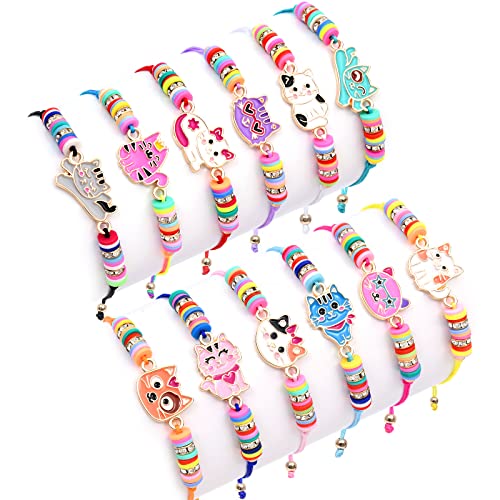 Toyssa 12 Stück Armband Mädchen Freundschaftsarmbänder Kinder, Party Mitgebsel Kindergeburtstag Gastgeschenke Einstellbare Geflochten Armband Schmuck für Mädchen Teenager Frauen (Katze)