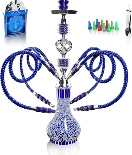 Shisha Komplettset mit 4 Schläuchen, 22'' Großes Shisha Kit für bis zu 4 Personen mit allem inklusive, Keramikschüssel | Premium-Schlauch| Schöne Glasvase (Blau GF1)