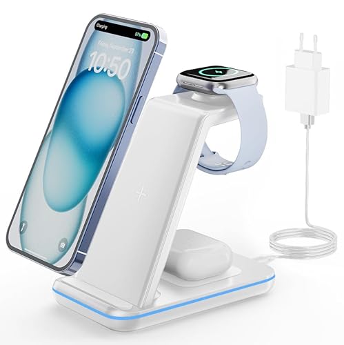 GEEKERA Wireless Charger, 3 in 1 Induktive Ladestation für iPhone 16/15/14/13/12/11/Pro Max/XS, Ladestation für Apple Watch Ultra/10/9/8/7/6/5/4/3/2/SE, Kabelloses Ladegerät für AirPods Pro/4/3/2-Weiß
