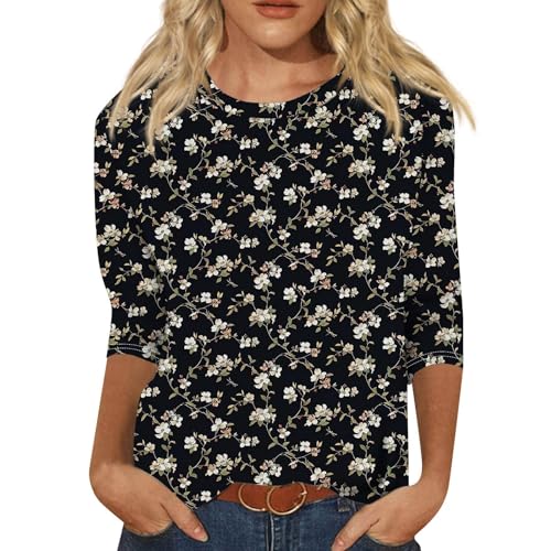Damen 3/4 Ärmel Shirt Rundhals Casual Plus Herbst Lose Dreipunkt Ärmel Shirt Top Damen Sommer Locker (Black, M)