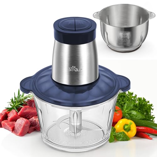 Bear 2L+1.8LFleischwölfe Zerkleinerer Elektrisch, Glas+Edelstahl，600W 2 Geschwindigkeit, Häcksler mit 4-Edelstahlklingen und Fleischwolf, Chopper für Fleisch,Babynahrung,Obst,Gemüse