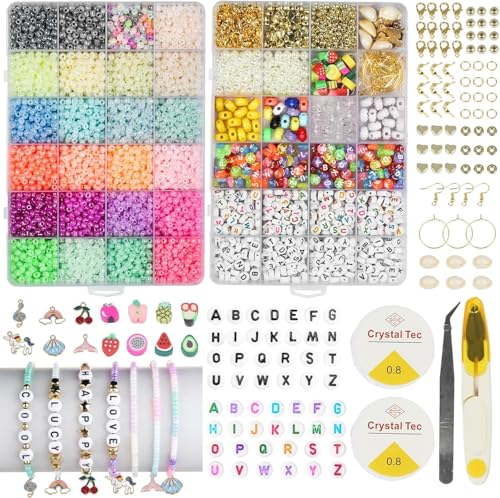 FEMBW Perlen Set Zum AuffäDeln für Armbänder Selber Machen, 6000+ 3mm Beads for Bracelet Making Kit, DIY Schmuck Selber Machen Set Erwachsene, Smiley Charm Glasperlen für Ohrringe Selber Machen