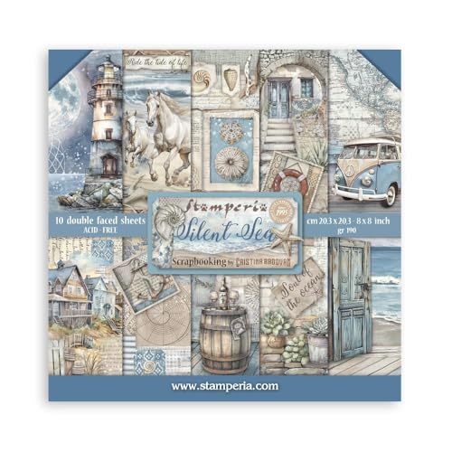 Stamperia - Scrapbook Paper Pad for Scrapbooking, Albums, Card Making, Bullet Journalling and More, Acid Free, Double-Sided, Perfect for Hobbies, Crafts, and Gifting (Silent Sea) (20.3 x 20.3cm)