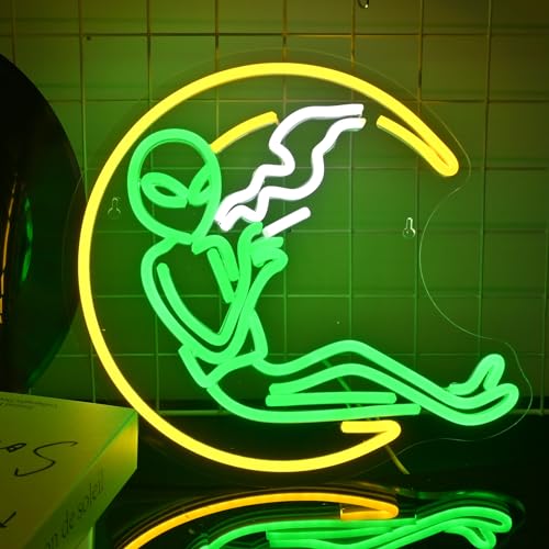 Alien Neon Schild,LED Schild Moon Smoking Green Alien Room Decor für Schlafzimmer,Cool Neon Sign Teenager-Zimmer Gaming Zimmer Wanddekoration,Party Bier Bar Mann Höhle Fenster Neonlicht Dekor Geschenk