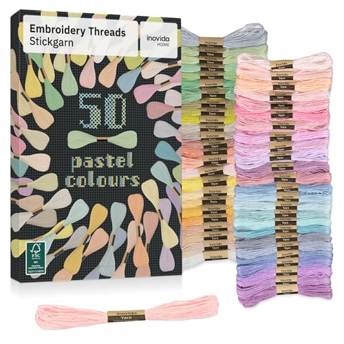 Stickgarn Set 50 Farben je 5 Meter in Pastell: Pastellfarben Nähgarn Set – Freundschaftsarmbänder selber machen – Sticken, Armband knüpfen, Flechten – Kreuzstich Garn – Embroidery Thread – Inovida