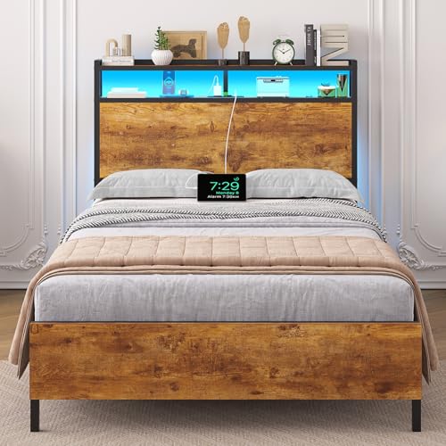 Brinlawb Bett 90x200 mit Lattenrost aus Metall, Bettgestell 90x200 cm mit LED Beleuchtung, Metallbett mit Kopfteil und Ladestation (2 AC-Steckdosen 2 USB-Anschlüsse)Jugendbett Bettrahmen, Modern Braun