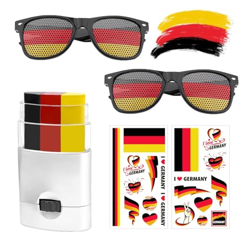 2 Stück Deutschland Sonnenbrille und 2 Stück Aufkleber, Fanartikel Deutschland, Em Deutschland Fan Gesichtsfarben Set Deutschland Schminke, Deutschland Fanartikel für Fußballpartys