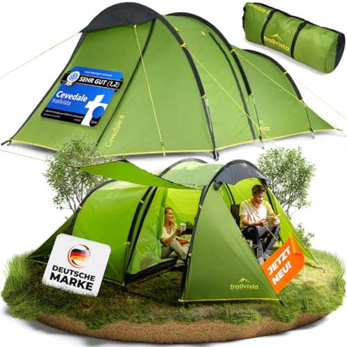 trailvista® Zelt 4 Personen wasserdicht – Tunnelzelt mit Vorzelt & Moskitoschutz – Familienzelt leicht, stabil & schnell aufzubauen – Outdoor Campingzelt für Trekking, Festival & Angel Shelter Tent