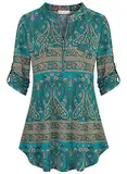 Lalala Damen Oberteile 3/4 Ärmel Elegant Shirt Blumenmuster Lässige Arbeits Tunika Blusen B-aquamarinbeige XXL
