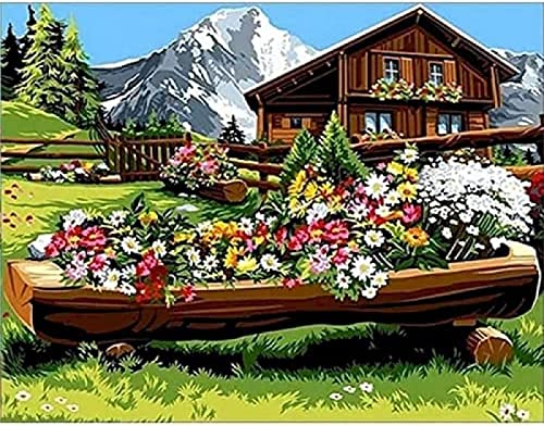 Eiialerm Kreuzstich Stickpackungen Schnee-Gebirgschalet-Blumen DIY Vorgedruckt Kreuzstich Stickbilder 11CT Sticken Set für Erwachsene Anfänger Home Decor 40x50cm