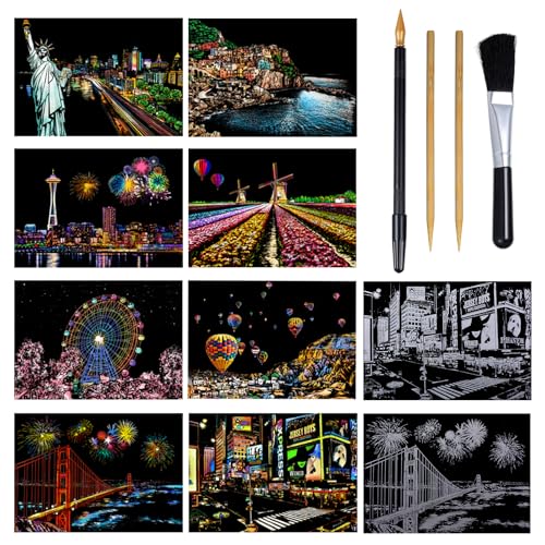 8 Blatt Kratzbilder Set A4 Kratzmalerei Scratch Art DIY Bastelsets Für Erwachsene Kinder Mit 4 Werkzeugen Regenbogen Malerei Nachtsicht Scratchboard Rainbow Painting Magic Rainbow Kratzpapier