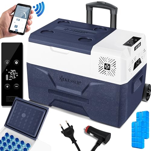 KESSER® Kompressor Kühlbox elektrisch Gefrierbox, 30 Liter Mit APP-Steuerung USB-Anschluss 12/24 V 230V, +Teleskopstange, 2x Kühlakkus Räder Kühlschrank Kühlung bis -20 °C für Auto, Lkw, Boot