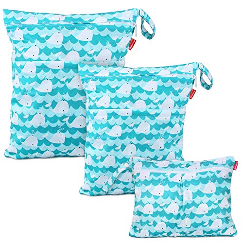 Damero 3 Stück windeltasche wetbag wiederverwendbar, Nasstaschen für Unterwegs, Wetbag windelbeutel für Babys Windeln, schmutzige Kleidung und anderes Zubehör (Blau Wal)