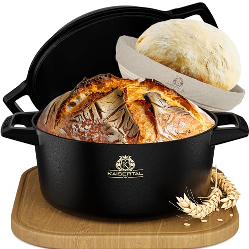 KAISERTAL Gusseisen Topf Brot Backen 26cm inkl. Gärkorb – Brotbackform aus Gusseisen – Brottopf mit Deckel, Gusseisen-Topf als Brot Backen Zubehör, Perfekter Brotbacktopf - Innen und Außen Brotbacken