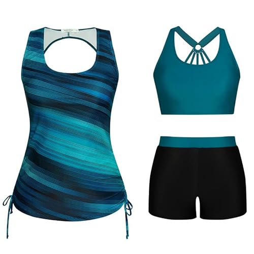 JASAMBAC Tankini Damen,Badeanzug Damen Bauchweg.3-Teiliger Bikini Set,Push-Up-Bikinioberteil Und High Waist Badeshorts, Einfache Badebekleidung, Sport-BadeanzüGe