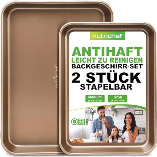 NutriChef 2er Backblech Antihaftbeschichtet – PTFE-, PFOA-freies Backofenblech aus Karbonstahl 40x28 & 34x24 – Baking Tray mit Hohen Kanten zum Braten, Backen & Mehr – als Kuchenblech, Pizzablech &Co.