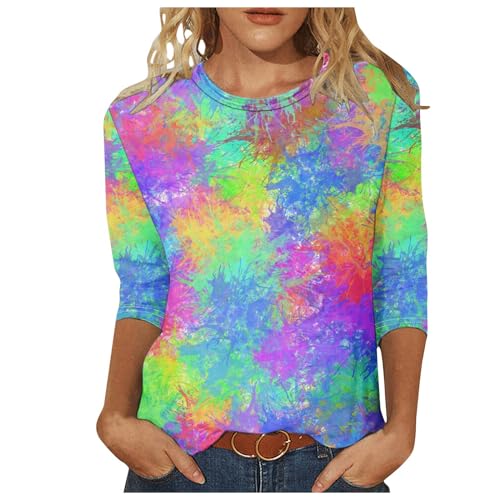 EMATOP Damen Bluse Lässige 3/4 Ärmel Tshirt Elegant Baumwolle Tunika Tops Rundhals Locker Sommershirts Bunt Streifen Longshirt Vintage Sport Longbluse Leicht Bequemes Oberteile für Alltag