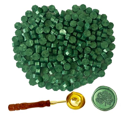 BJOYEE 200 Stück Siegelwachs Grün, Siegelwachs Perlen mit 1 Schmelzlöffel, achteckiges Wachssiegel-Set für Stempel, für Einladungen/Umschläge/Karten/Weinpakete/Geschenkverpackungen