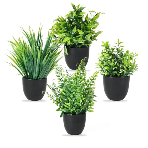 ASOENTIWOX 4 Stück Kunstpflanze mit Topf, Künstliche Plastik Pflanze Deko, Klein Fake Plant Topfpflanze Emulation Pflanze Künstlich für Schreibtisch, Haus, Balkon und Bad Dekoration