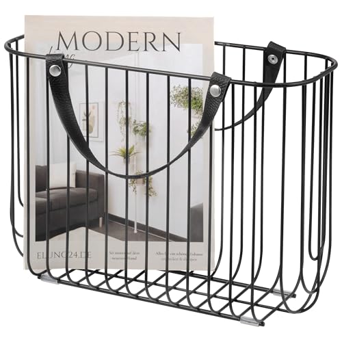 eluno Zeitungsständer aus Metall mit Tragegriffen aus Leder, ca. 36 x 26,5 x 15,5 (B/H/T) (Schwarz)