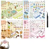 4 Sets 3D Sticker Scene, Sticker Maker, DIY Scene Stickers Ihr Restaurant, Obstladen, Heißwasserladen, Bäckerei, Relief Stress DIY Gemütliches kleines Haus Scene Stickers Buch (Mit Pinzette)