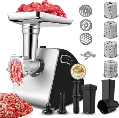 Profi Fleischwolf Elektrisch mit Wurstfüller & Keksaufsatz Wurstmaschine Fleischmaschine mit 3 Lochscheiben, 4 Kegel-Klingen & Kibbe-Aufsätzen für Hackfleisch, Gemüse, Käse & Spritzgebäck