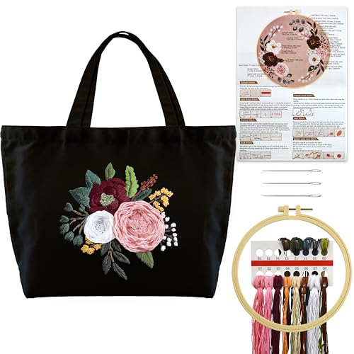Turmaster Stickerei Set mit Canvas Tote Bag, Stickset für Anfänger, Sticken Set Erwachsene mit Blumenmuster,Stickrahmen,Fäden und DIY Stickerei Werkzeuge，Schwarz