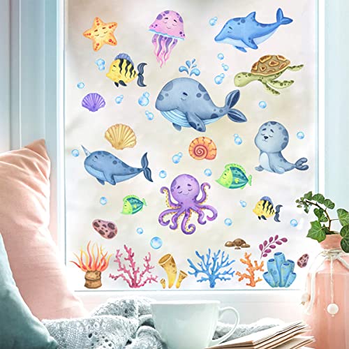 WandSticker4U®- [59 tlg. Set] wiederverwendbar Fensterbilder Kinder UNTERWASSERWELT selbstklebend I Fenster Aufkleber Fenstersticker Frühling Fische Meerestiere Badezimmer Kinderzimmer