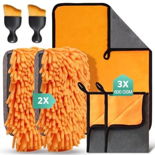 STRHAGO 7 Stück Autopflege Set mit 3 Stück Mikrofasertücher Auto,2Pcs Mikrofaser Waschhandschuh &2er Auto Innenreinigung Weiche Bürsten,600GSM Auto Trockentuch für Haushalts Autowäsche Trocknen