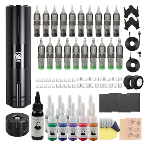 LIUMATE Wireless Maschine Pen Set 1800mAh Kabellose Rotary Battery Pen Maschine Complete Maschine Set mit 20 Stück Cartridges 11 Tinte für Künstler und Professional Anfänger