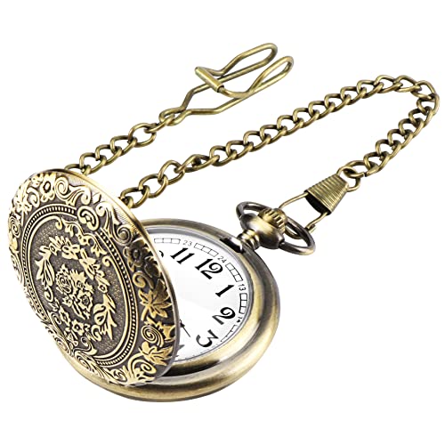 JSMTKJ Vintage Taschenuhr mit Kette, Arabisch Ziffern Quarz Taschenuhr für Männer Frauen Vater Opa Geburtstag Jahrestag (Bronze)