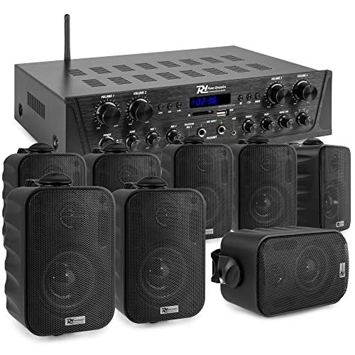 Power Dynamics Komplette Lautsprechereinrichtung, Lautsprecher Installation, 4X Stereo Speaker Set BG030, 100 Watt, 4 Zonen Verstärker PV240BT, Lautsprecher System, Bluetooth, Soundsystem