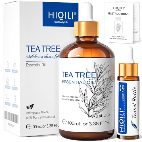 HIQILI 100ml Teebaumöl, 100% Reines Naturrein Tea Tree Oil für Diffusor, Pickel, Haut, Nagel, Inklusive Reiseflasche