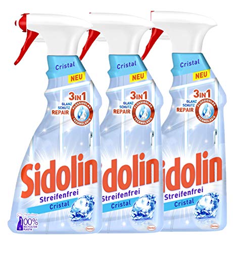 Sidolin Cristal, Glasreiniger 3x Sprühflasche, für einen perfekten Glanz und gegen Mikrorisse (3x500ml)