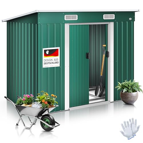 KESSER® - Gerätehaus L Metall 4 m³ mit Fundament | 210x132x186 cm | 2X Schiebetür & Fundament | Geräteschuppen | Gartenhaus Schrank | Pultdach Garten Schuppen, Ink. Arbeitshandschuhe Grün