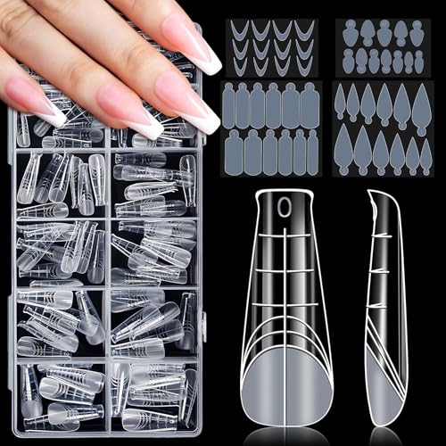Becellen 120 Stück Dual Tips Nägel Set, Transparent Dual Nail Forms mit 48 Stücke Nagelaufkleber Volle Abdeckung Polygel Tips mit Größenskala Acrylic Polygel Nagelverlängerung für Nagel Art