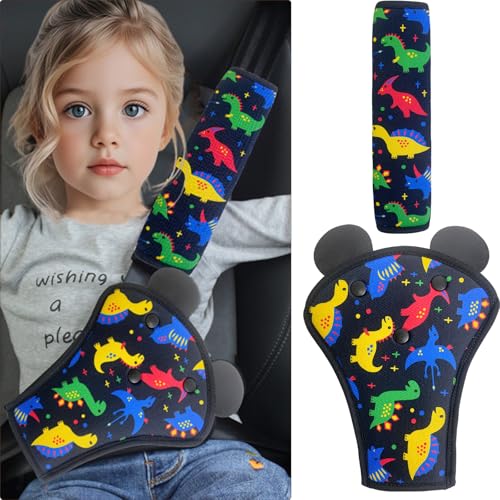 QUNXON Gurtpolster Kinder Set, Verstellbares Gurtpolster Auto, Taille Gurtpolster, Abnehmbarer Gurtschutz Kinder Auto, Schulterpolster Gurtschoner für mehr Komfort auf der Reise (Dinosaurier Schwarz)