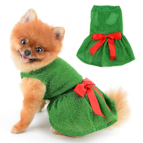 PAIDEFUL Weihnachtsmädchen-Hundekleid, glitzernd, Welpenrock mit Schleife, Haustierurlaub, Cosplay, Weihnachtskostüm, Katzenbekleidung, Yorkie, Chihuahua, Kleidung, Grün, Größe M