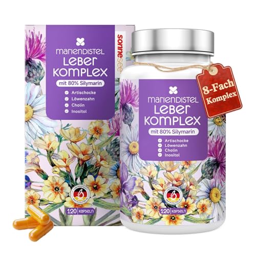 Leber Komplex Mariendistel 8 fach Hochdosiert 120 Kapseln mit Cholin Inositol Curcuma Aritschocke Löwenzahn 80% Silymarin Unterstützt normale Schilddrüsen- & Leberfunktion Leber Testsieger Vegan