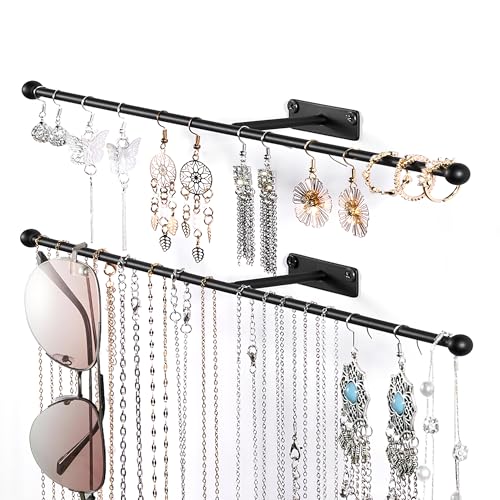Josmimic Schmuck-Organizer zum Aufhängen an der Wand: 34 cm Halskettenhalter für Ohrringe, Armbänder, Ringe, Haarbänder, Brillen, schwarz, 2 Stück, Schrauben im Lieferumfang enthalten