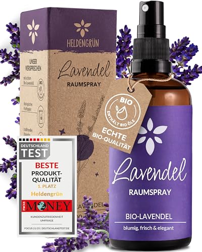 Heldengrün® Lavendelspray Gute Nacht [Bio-LAVENDELÖL] Dermatologisch getestet - Lavendelspray für Kopfkissen - Blumig & frisch - Lavendel Kissenspray & Raumspray