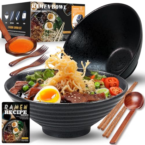 Ramen Schüssel Keramik Set 2×1000ml,34oz Japanisches Porzellan Geschirr mit Essstäbchen Löffel Gabel und Rezepte,Suppenschalen Rührschüsseln für Nudeln Getreide Salate Geschenke für neuen Häusern