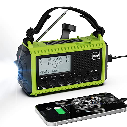 Handkurbelradio DAB Baustellenradio mit 5000mAh Akku Wiederaufladbar FM/DAB Plus Notfallausrüstung mit LED-Taschenlampe und Leselampe SOS-Alarm für Camping